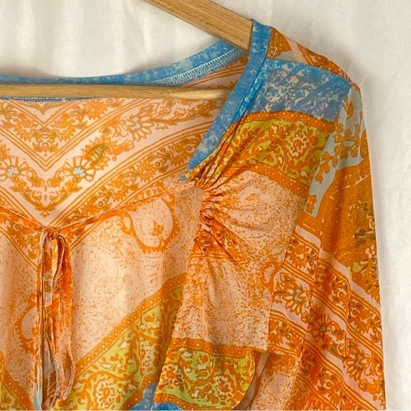 Free People Women's Paisley Boho Long Sleeve Mesh Cropped Open Back Top Size XS - Picture 11 of 16